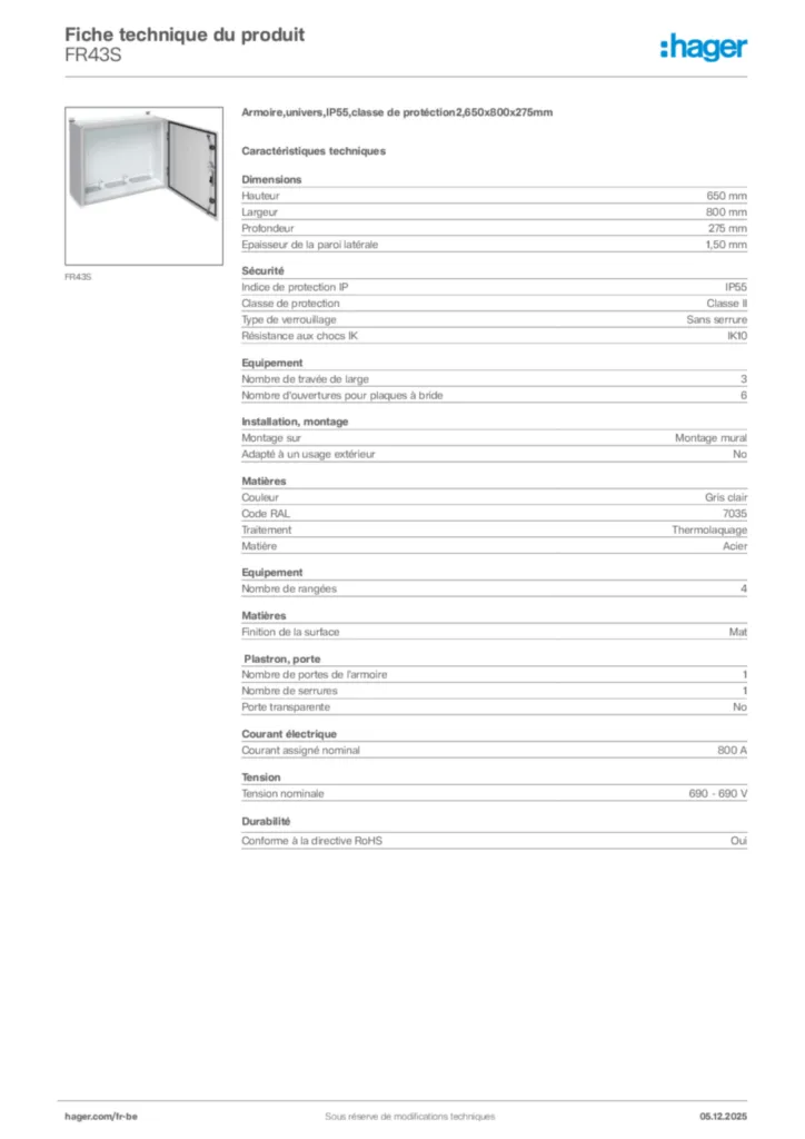 Image Hager Fiche technique du produit FR43S | Hager Belgique