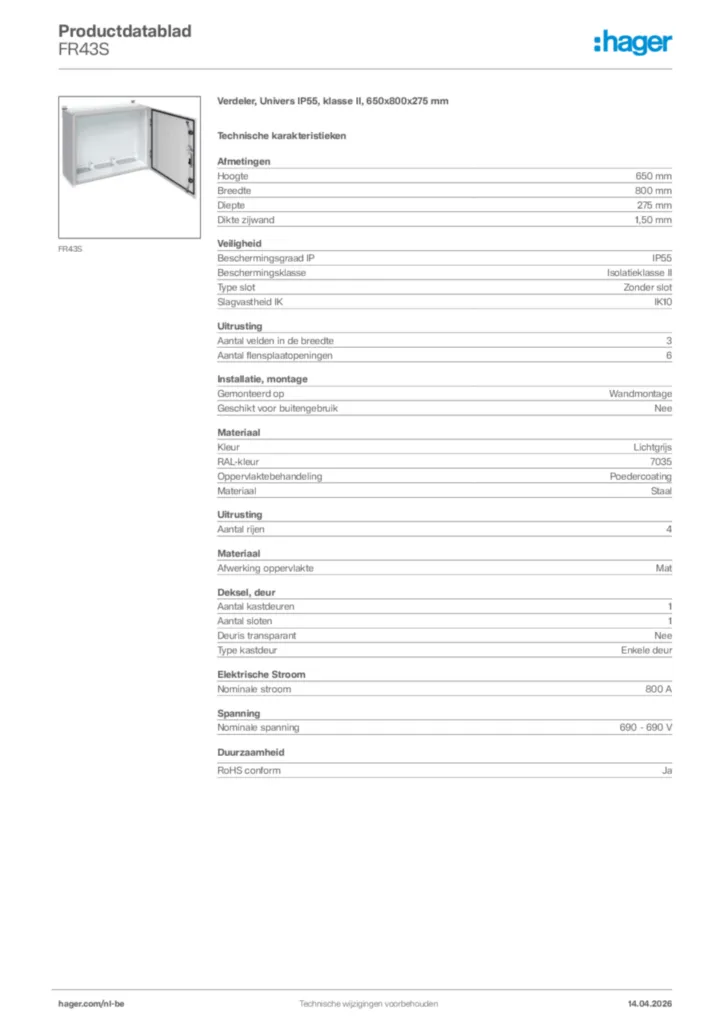 Afbeelding Hager Productdatablad FR43S | Hager Belgium