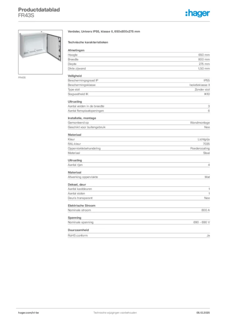 Afbeelding Hager Productdatablad FR43S | Hager Belgium