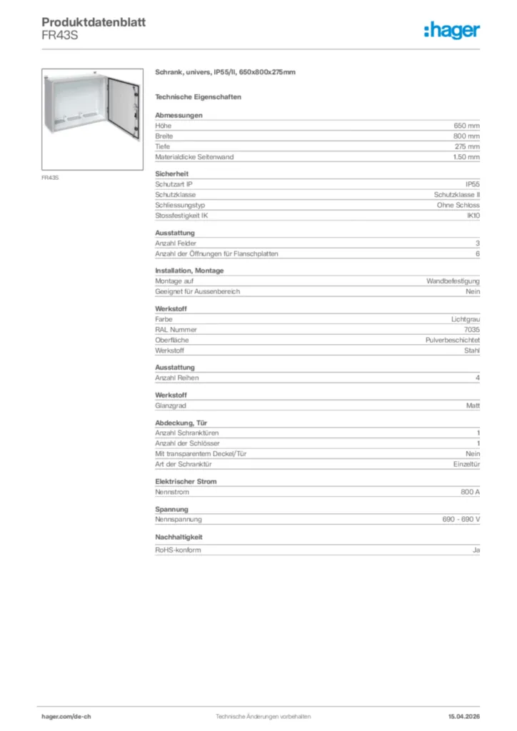 Bild Hager Produktdatenblatt FR43S | Hager Schweiz