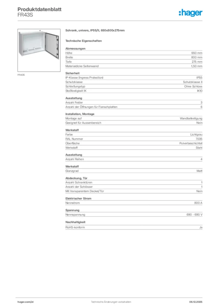 Bild Hager Produktdatenblatt FR43S | Hager Deutschland