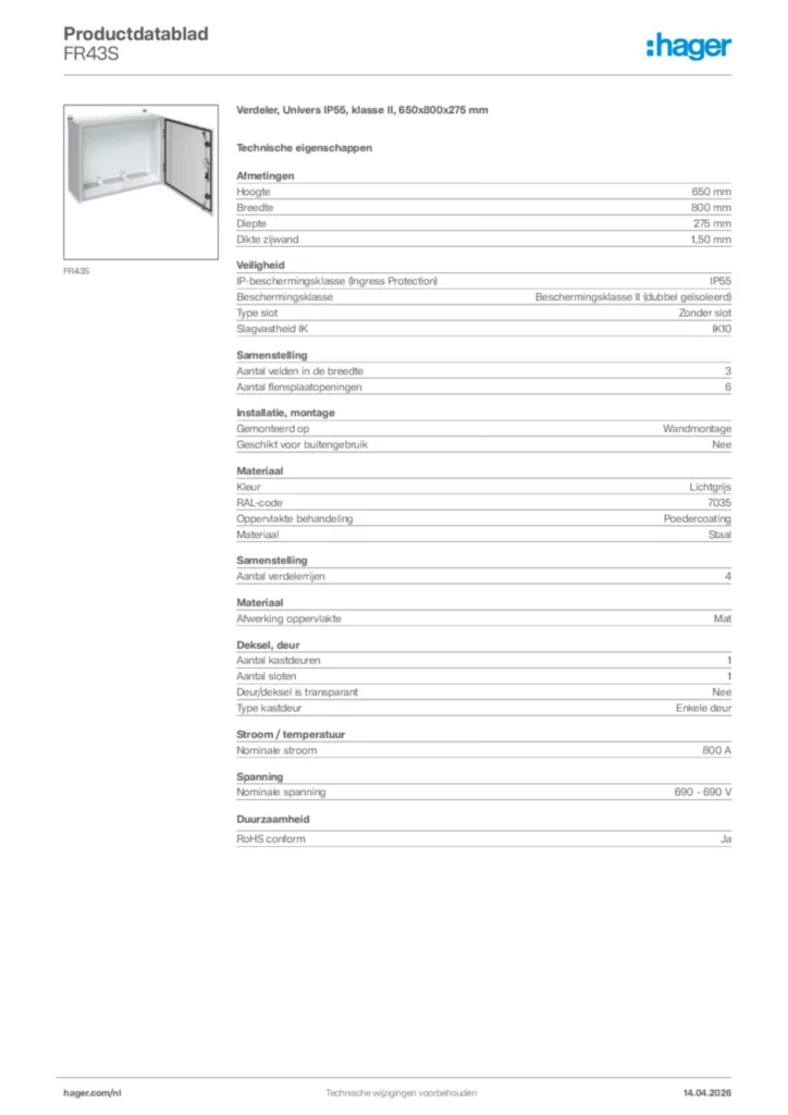 Afbeelding Hager Productdatablad FR43S | Hager Nederland