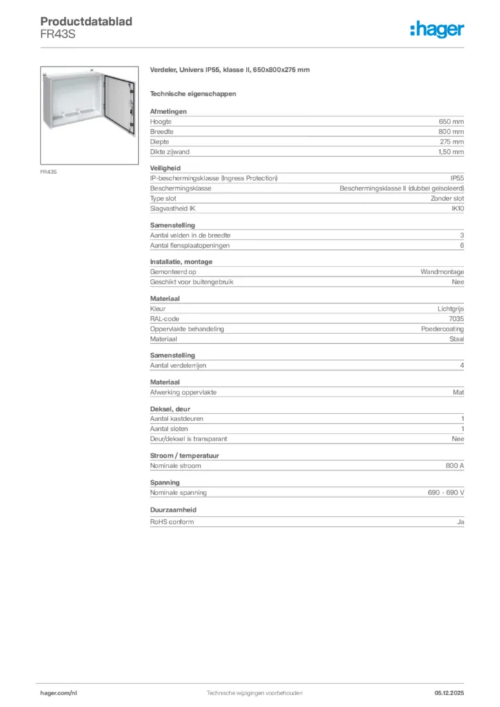 Afbeelding Hager Productdatablad FR43S | Hager Nederland