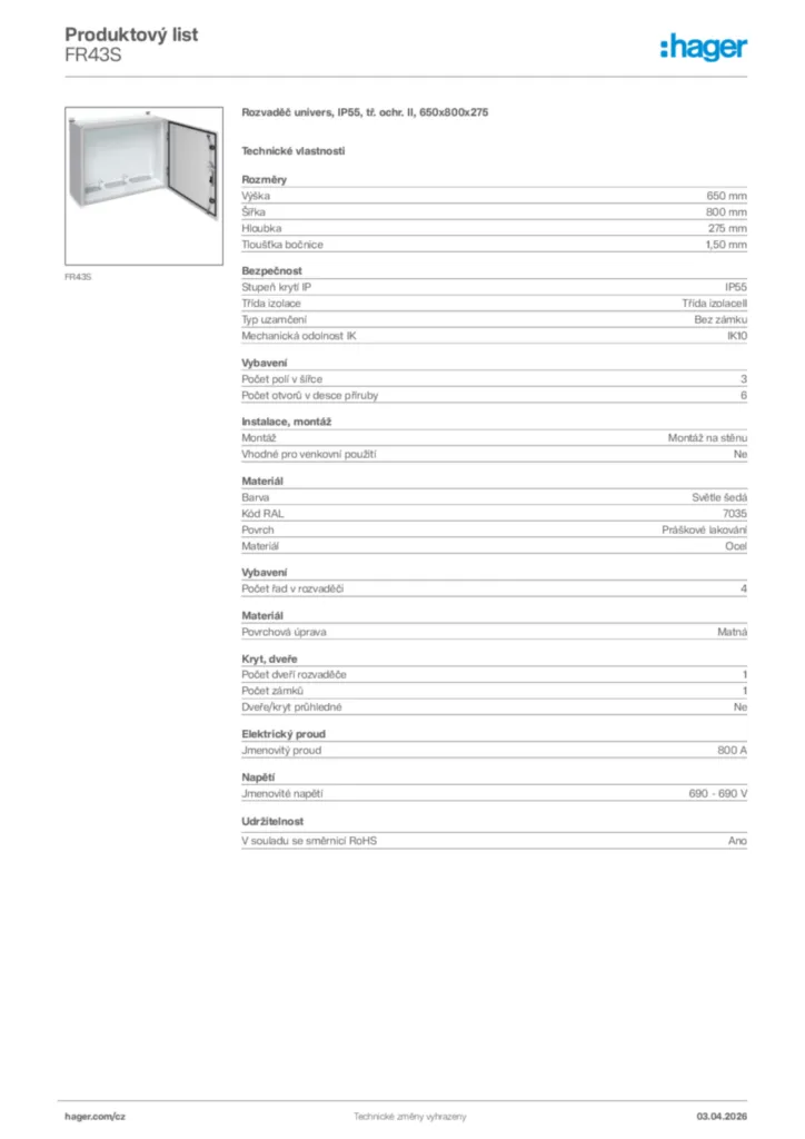 Obrázek Hager Product data sheet FR43S | Hager