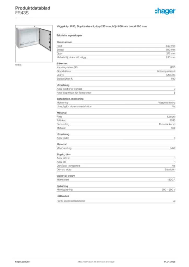Bild Hager Produktdatablad FR43S | Hager Sverige