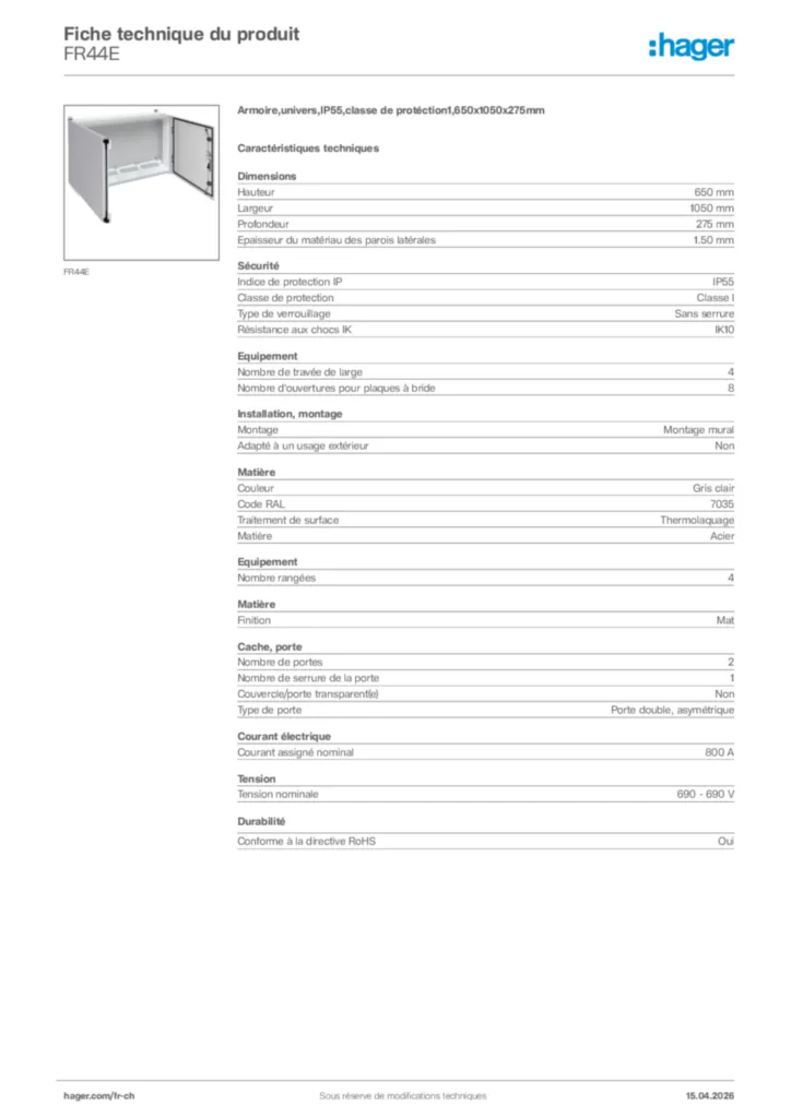 Image Hager Fiche technique du produit FR44E | Hager Suisse