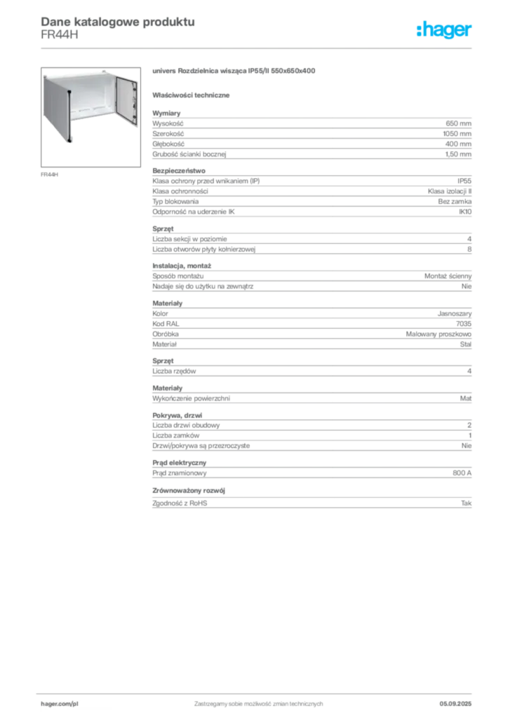 Zdjęcie Hager Dane katalogowe produktu FR44H | Hager Polska