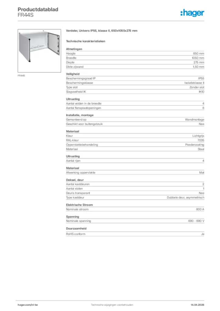 Afbeelding Hager Productdatablad FR44S | Hager Belgium