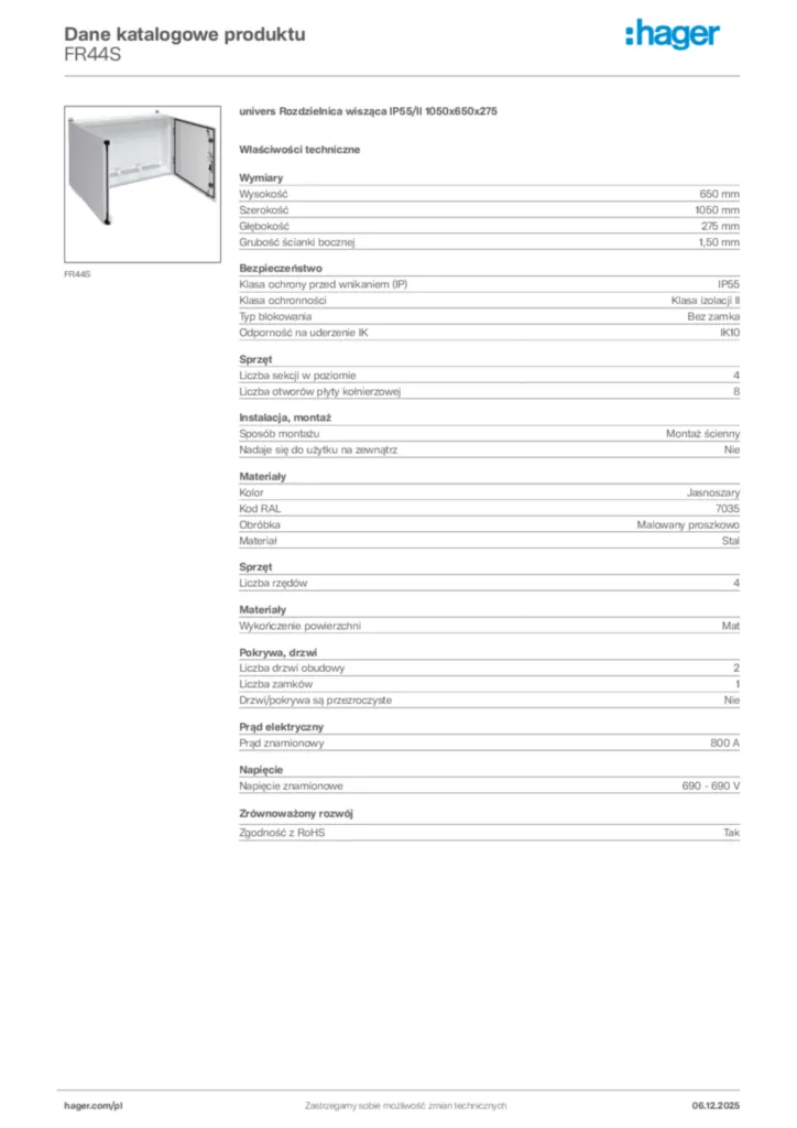 Zdjęcie Hager Karta katalogowa FR44S | Hager Polska