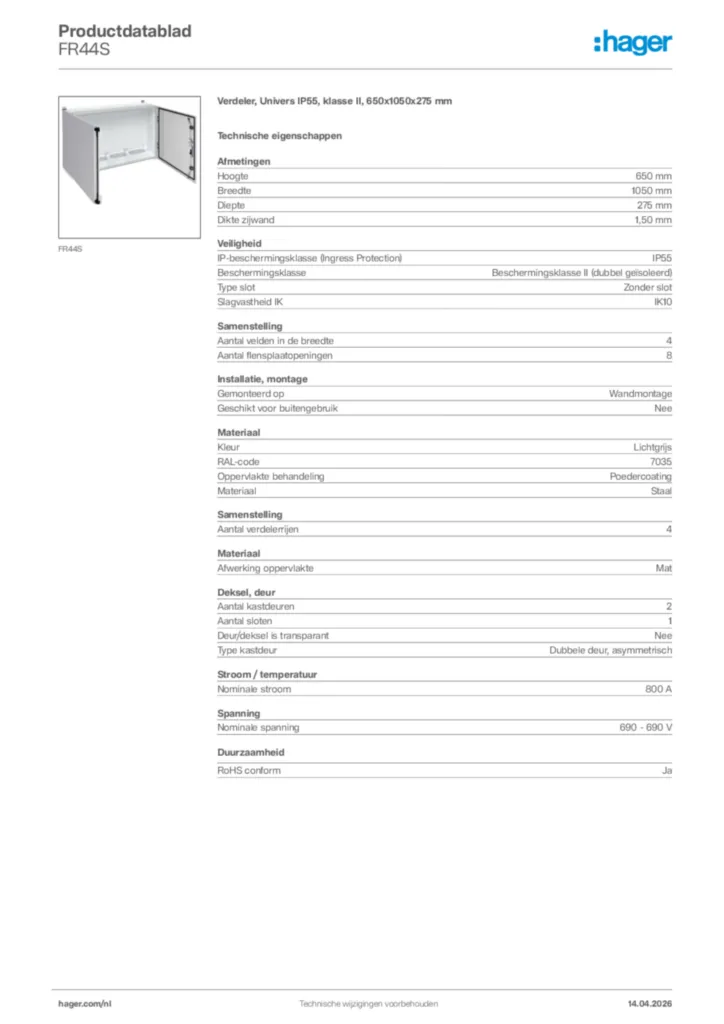 Afbeelding Hager Productdatablad FR44S | Hager Nederland