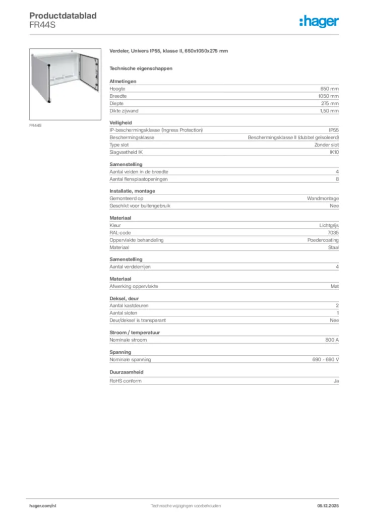 Afbeelding Hager Productdatablad FR44S | Hager Nederland