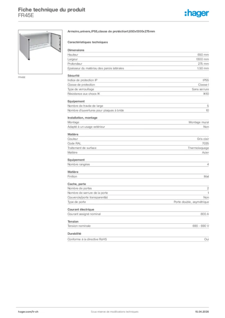 Image Hager Fiche technique du produit FR45E | Hager Suisse