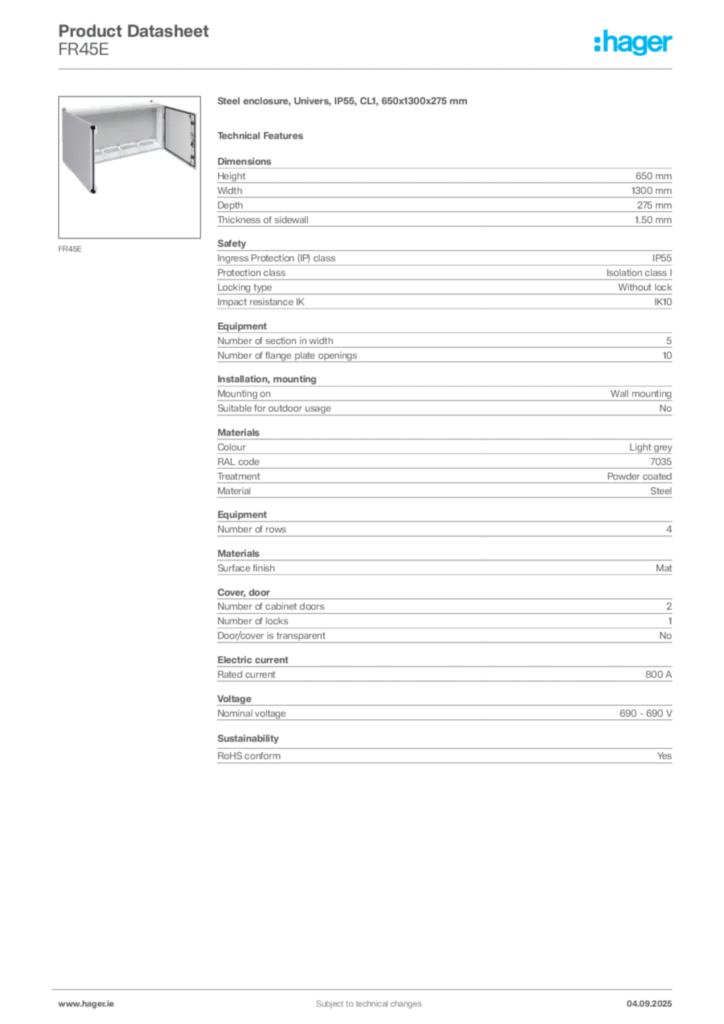 Image Hager Product data sheet FR45E  | Hager