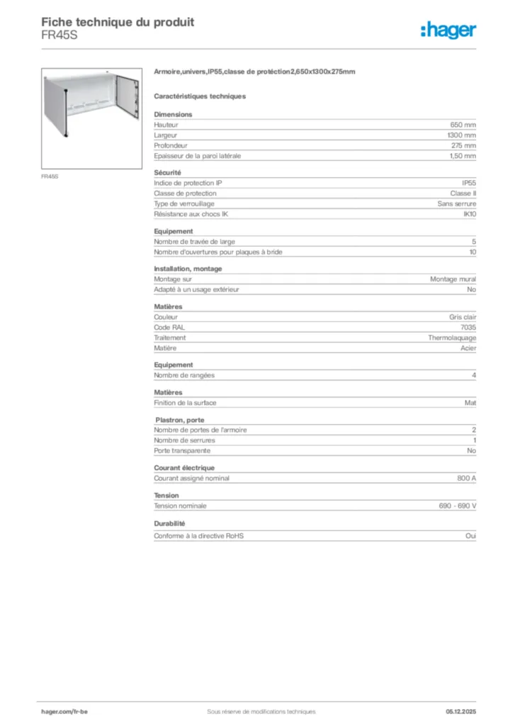 Image Hager Fiche technique du produit FR45S | Hager Belgique
