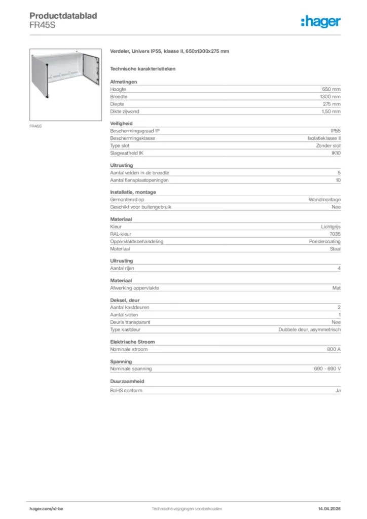 Afbeelding Hager Productdatablad FR45S | Hager Belgium