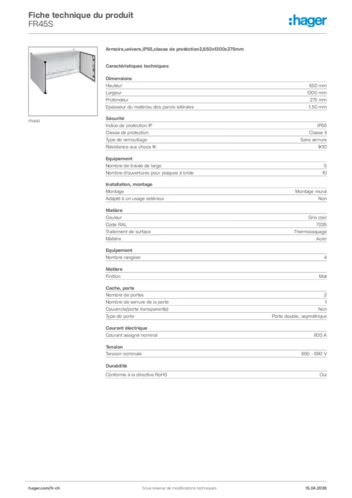 Image Hager Fiche technique du produit FR45S | Hager Suisse