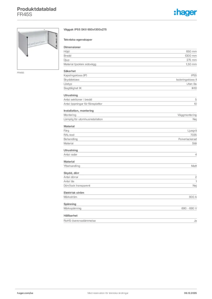 Bild Hager Produktdatablad FR45S | Hager Sverige