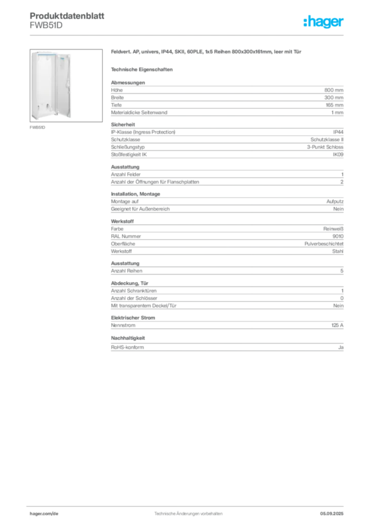 Bild Hager Produktdatenblatt FWB51D | Hager Deutschland