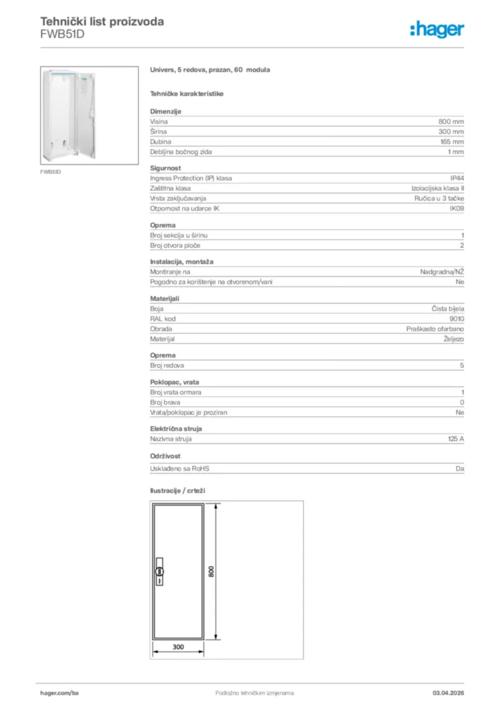 Slika Hager Tehnički list proizvoda FWB51D  | Hager