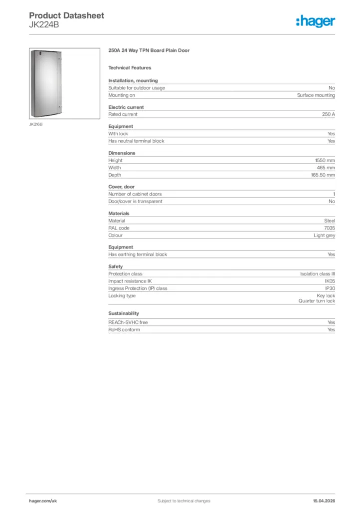 Image Hager Product data sheet JK224B  | Hager