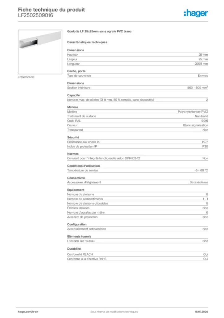 Image Hager Fiche technique du produit LF2502509016 | Hager Suisse