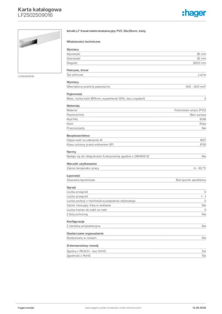 Zdjęcie Hager Karta katalogowa LF2502509016 | Hager Polska