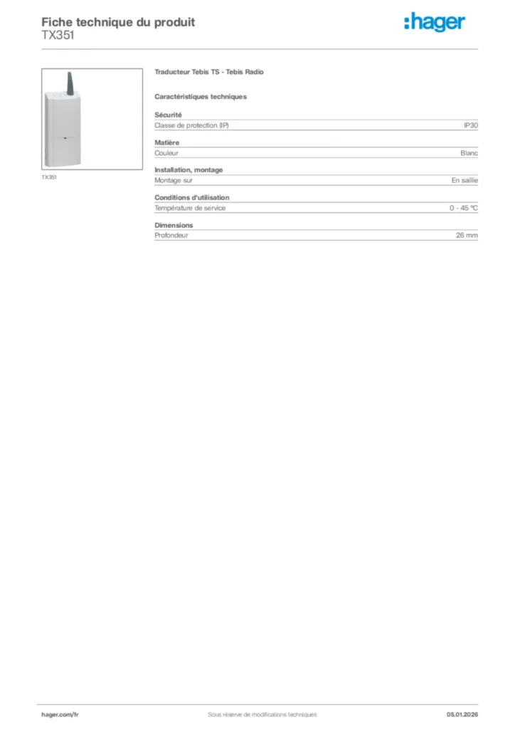 Image Hager Fiche technique du produit TX351 | Hager France