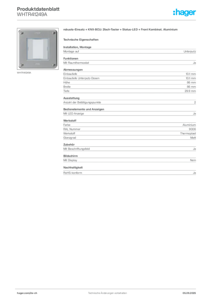 Bild Hager Produktdatenblatt WHTR41249A | Hager Schweiz
