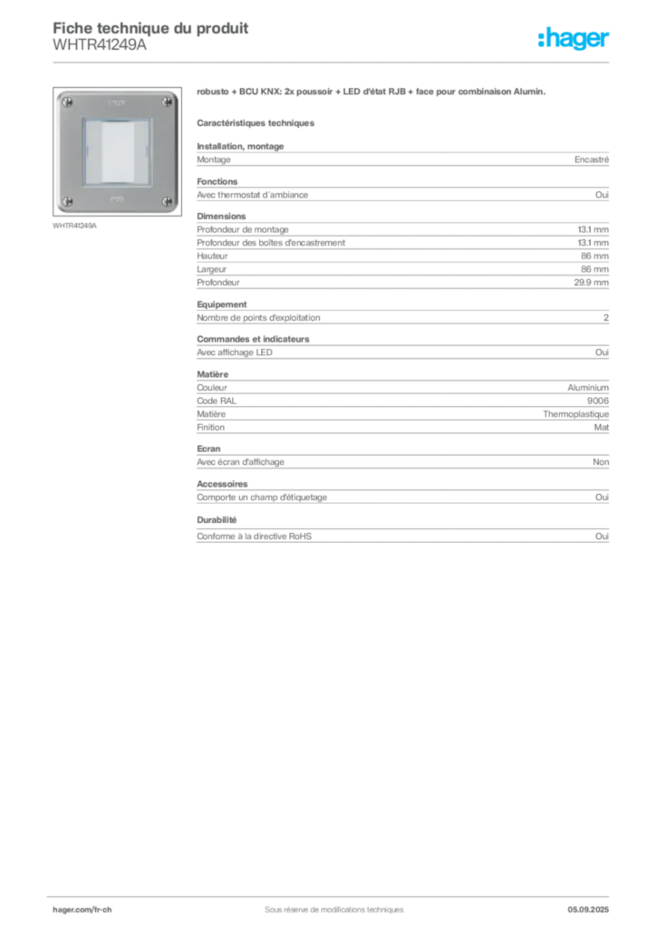 Image Hager Fiche technique du produit WHTR41249A | Hager Suisse
