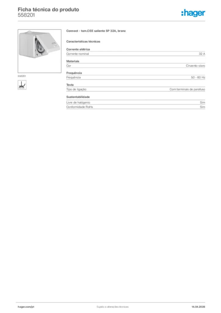 Imagem Hager Ficha técnica do produto 558201 | Hager Portugal