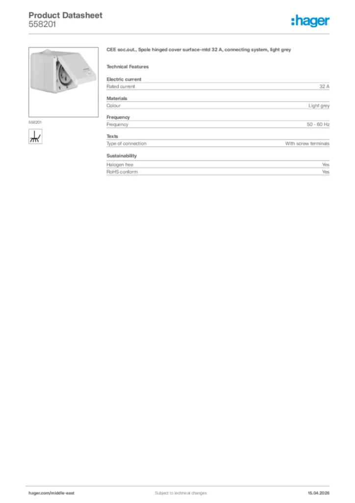 Image Hager Product data sheet 558201  | Hager