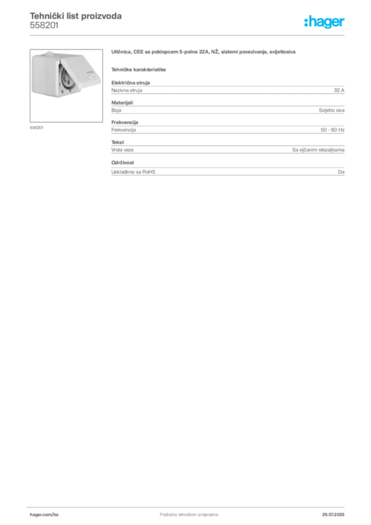 Slika Hager Product data sheet 558201  | Hager