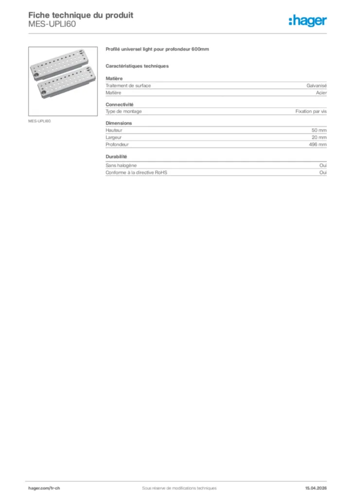 Image Hager Fiche technique du produit MES-UPLI60 | Hager Suisse