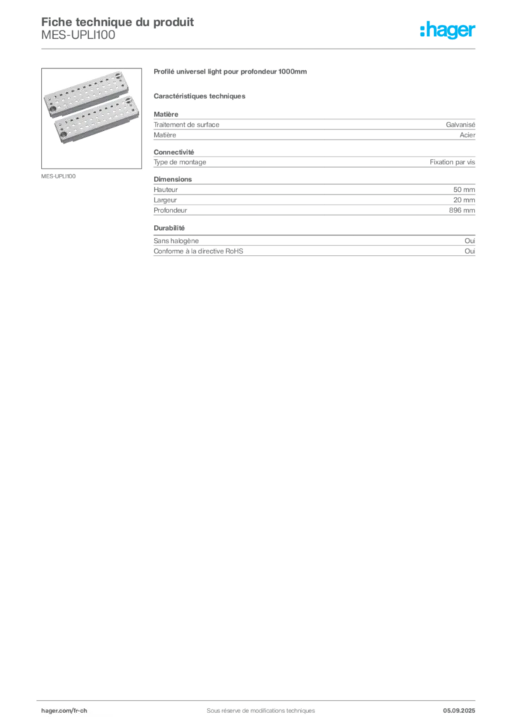 Image Hager Fiche technique du produit MES-UPLI100 | Hager Suisse