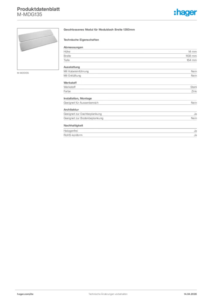 Bild Hager Produktdatenblatt M-MDG135 | Hager Deutschland