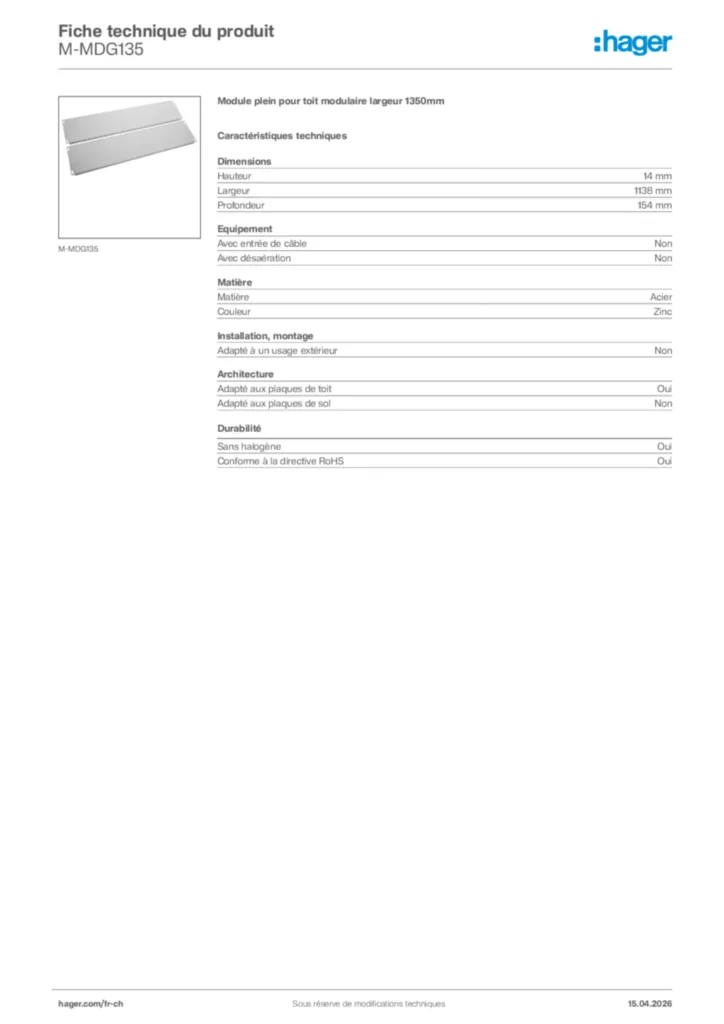 Image Hager Fiche technique du produit M-MDG135 | Hager Suisse