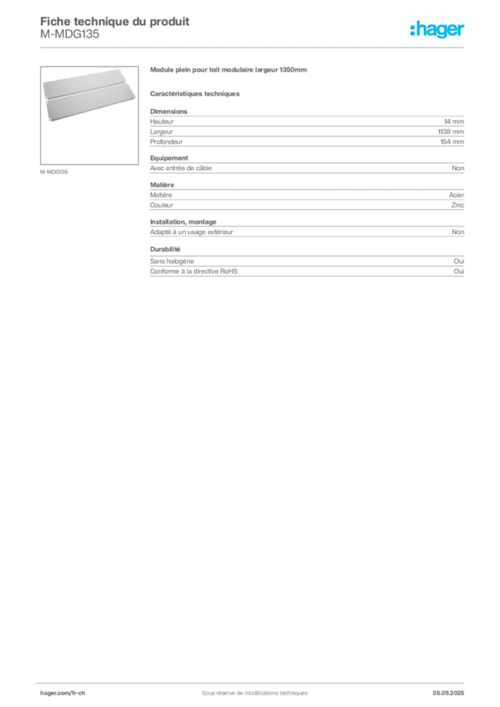 Image Hager Fiche technique du produit M-MDG135 | Hager Suisse