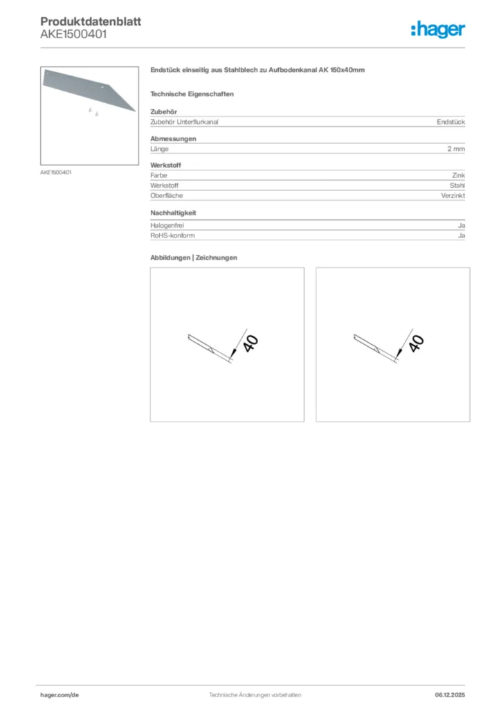 Bild Hager Produktdatenblatt AKE1500401 | Hager Deutschland