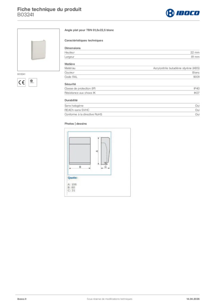 Image Iboco Fiche technique du produit B03241 | Hager France
