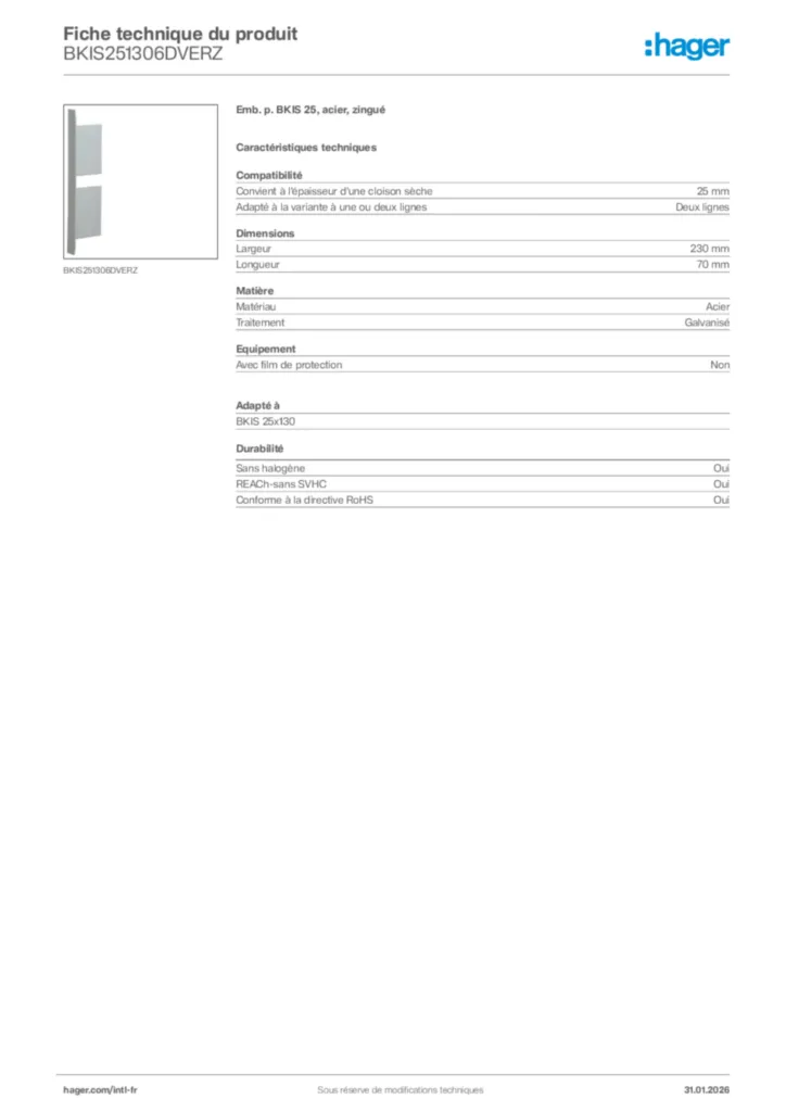 Image Hager Fiche technique du produit BKIS251306DVERZ | Hager Afrique