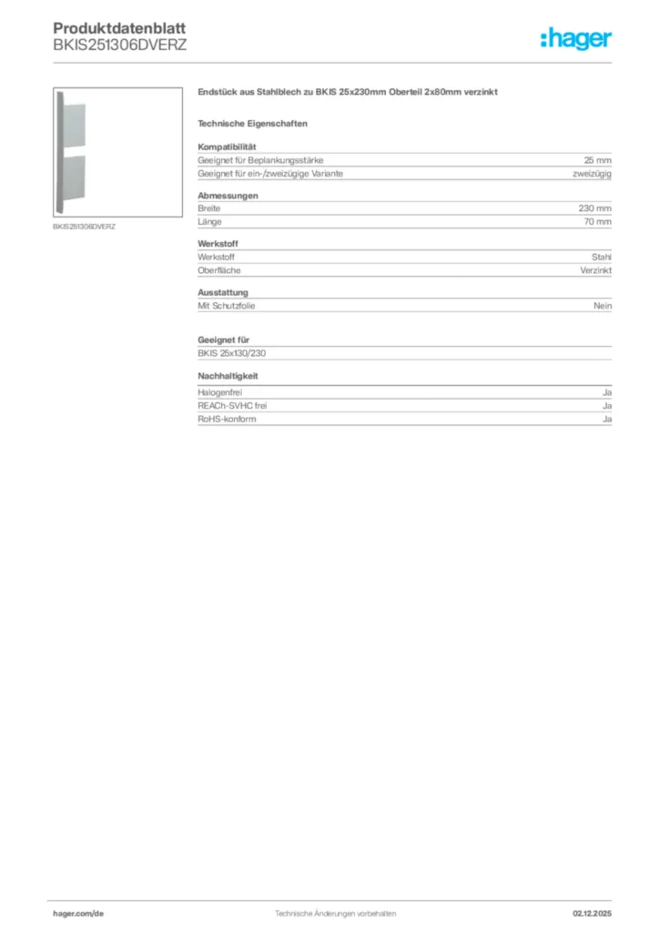 Bild Hager Produktdatenblatt BKIS251306DVERZ | Hager Deutschland