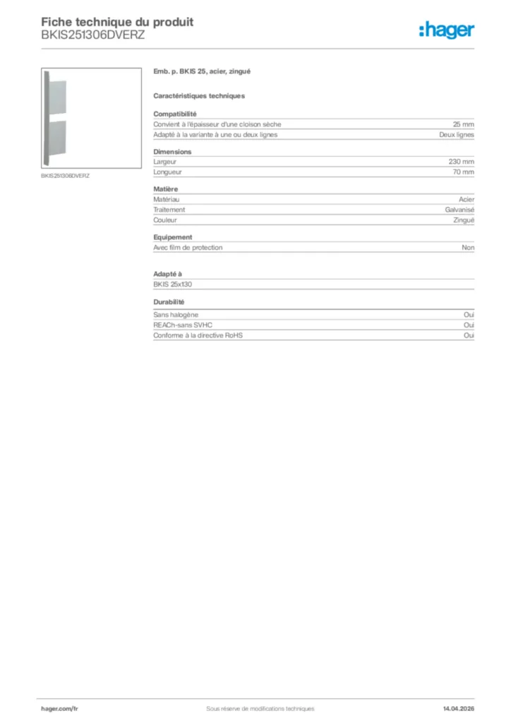Image Hager Fiche technique du produit BKIS251306DVERZ | Hager France