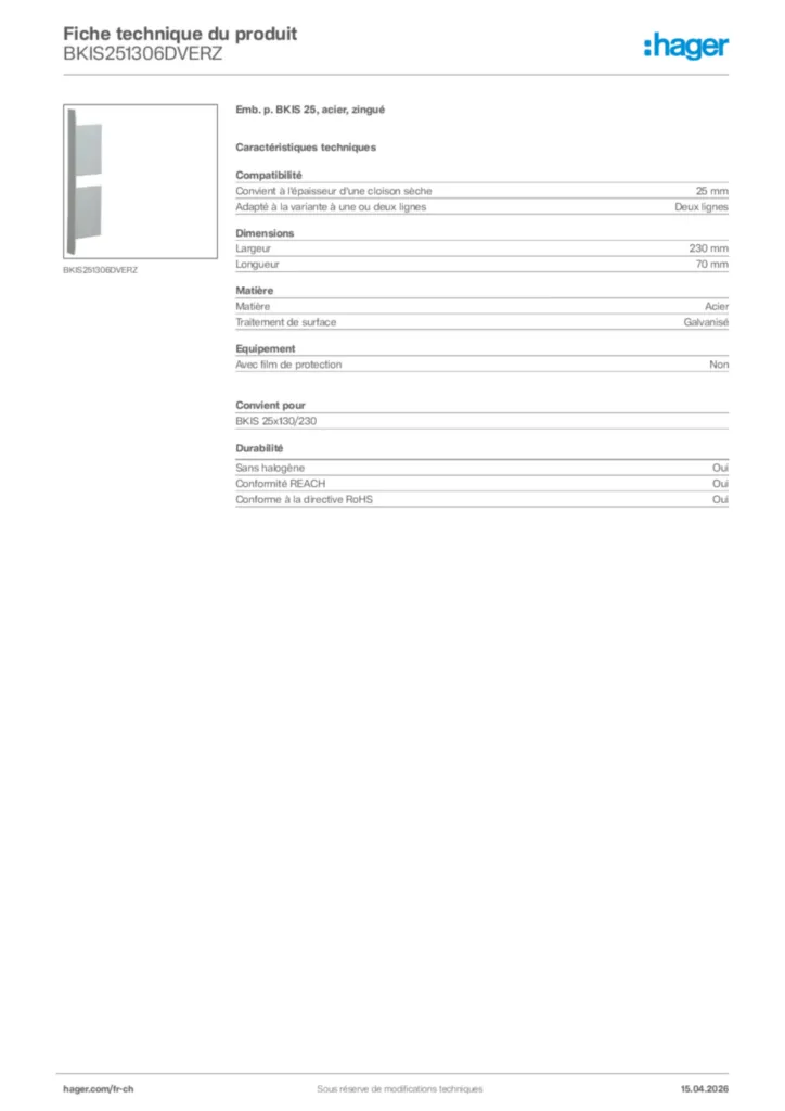 Image Hager Fiche technique du produit BKIS251306DVERZ | Hager Suisse
