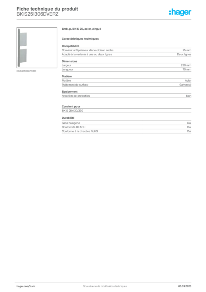 Image Hager Fiche technique du produit BKIS251306DVERZ | Hager Suisse