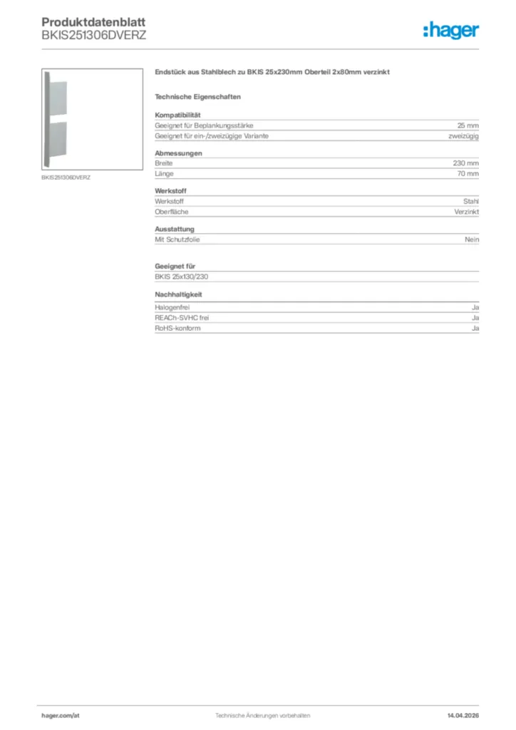 Bild Hager Produktdatenblatt BKIS251306DVERZ | Hager Deutschland