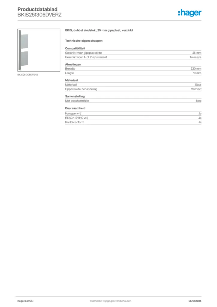 Afbeelding Hager Productdatablad BKIS251306DVERZ | Hager Nederland