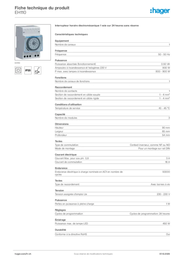 Image Hager Fiche technique du produit EH110 | Hager Suisse
