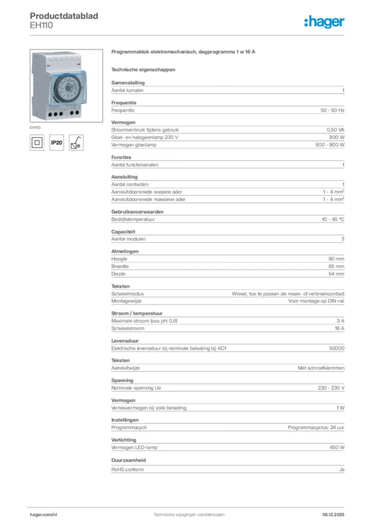 Afbeelding Hager Productdatablad EH110 | Hager Nederland