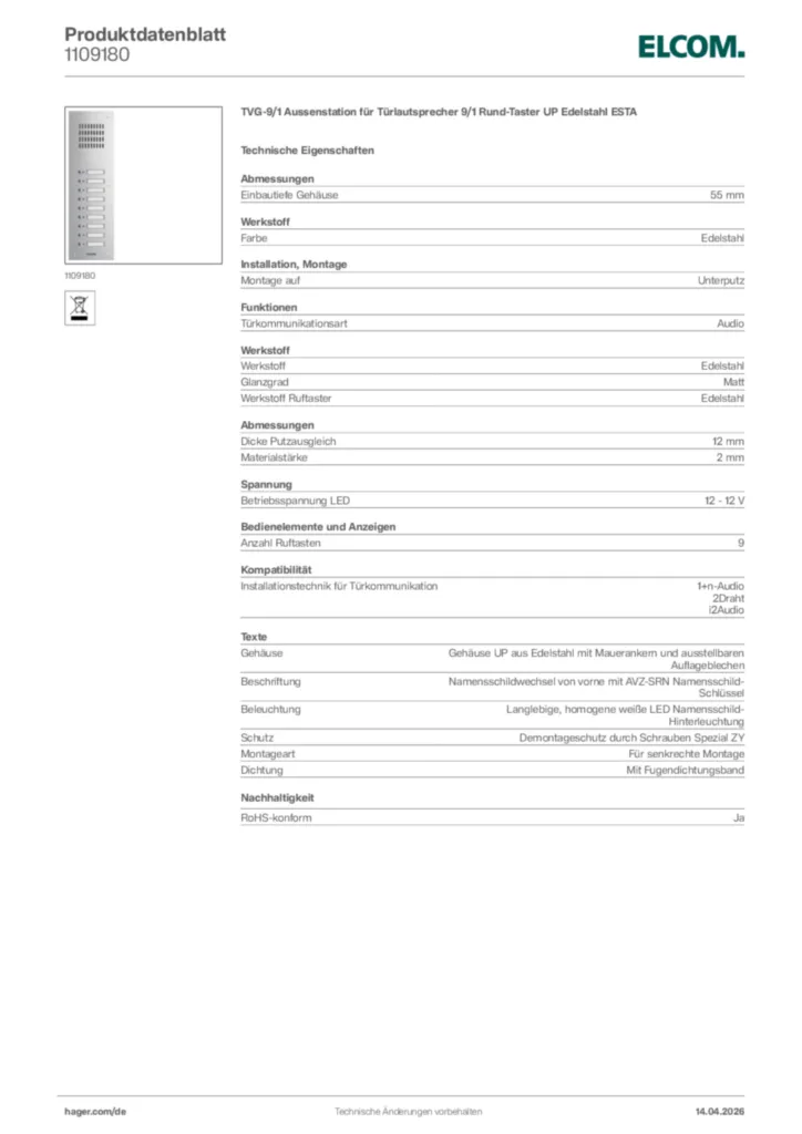 Bild Elcom Produktdatenblatt 1109180 | Hager Deutschland
