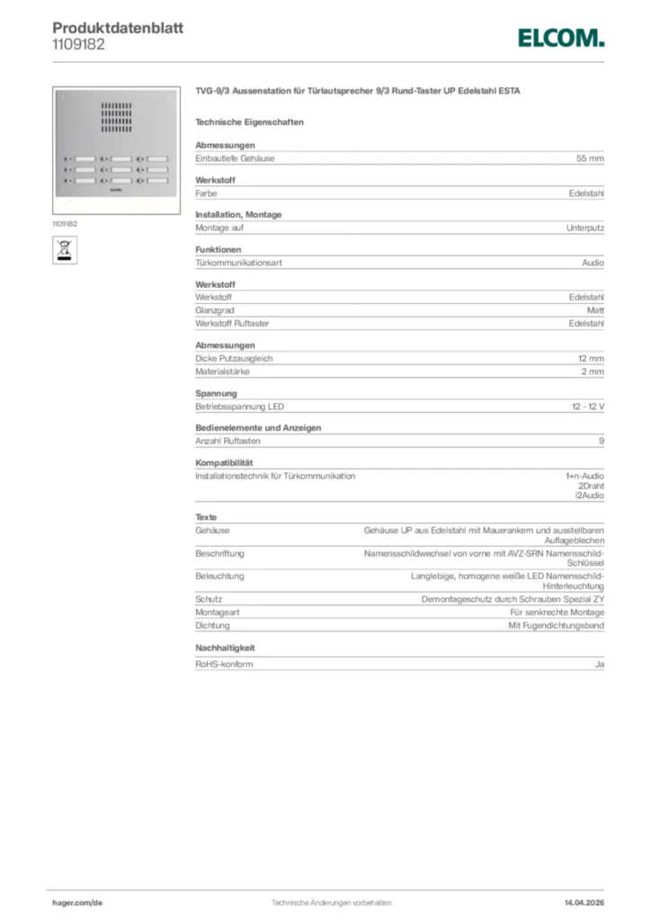 Bild Elcom Produktdatenblatt 1109182 | Hager Deutschland